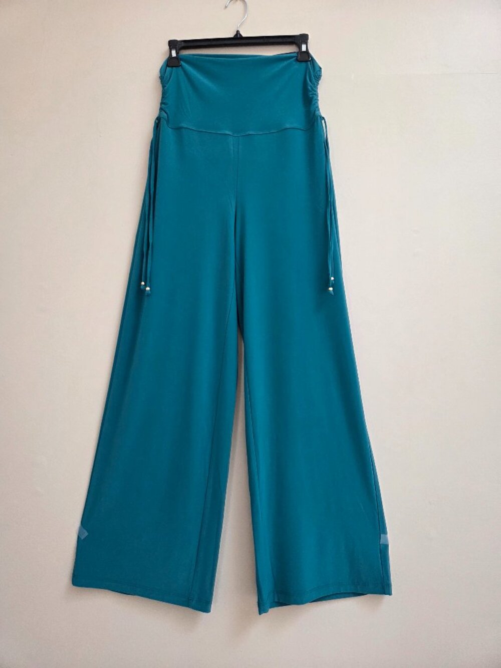 White House Black Market S Ruched Waist Wide Leg Slinky Pants Teal Festive Boho